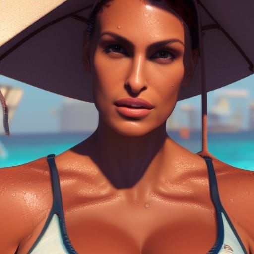 wet tanned large breasted muscular enhanced realistic female physique, realistic eva mendes face, relaxing, at beach, su...