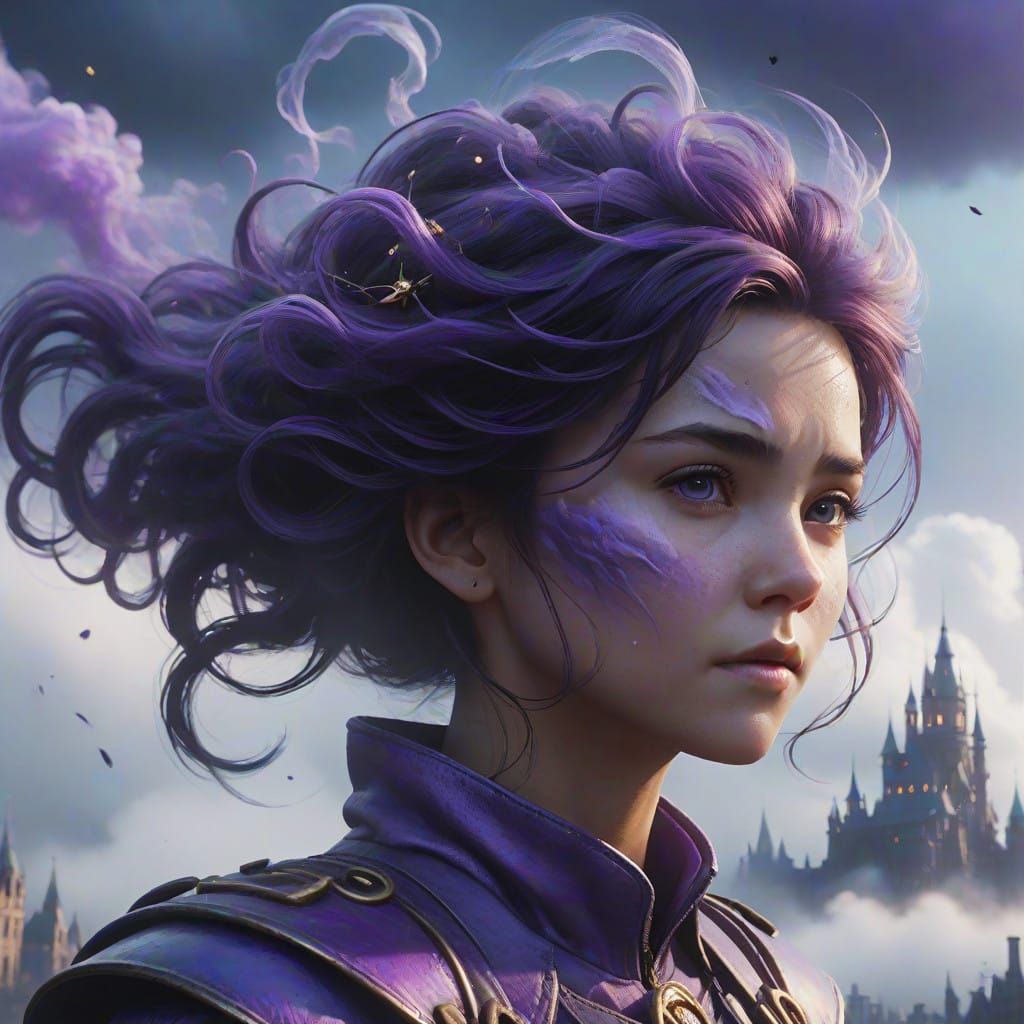 Purple Cloud Cityscape with Ethereal Air Elemental Woman