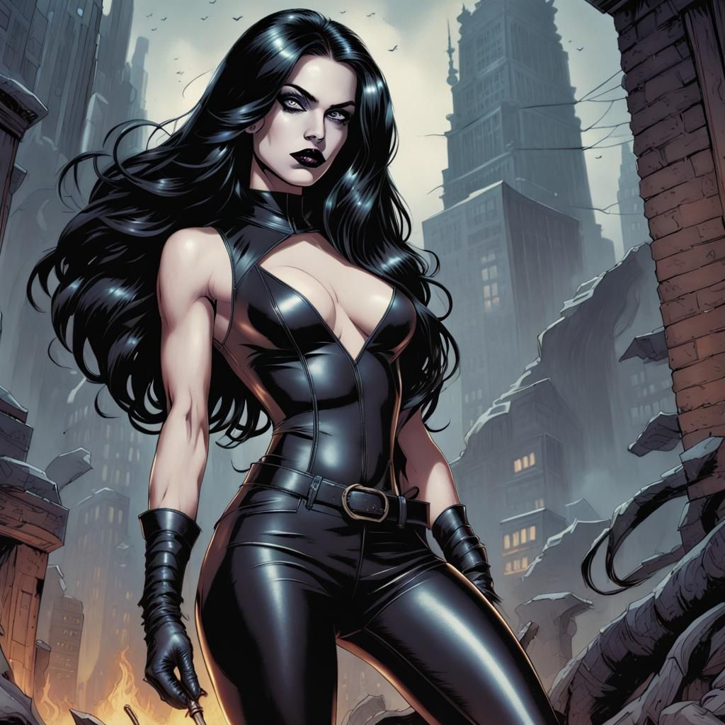Pale Woman with Black Leather Outfit in Comic Art Style
