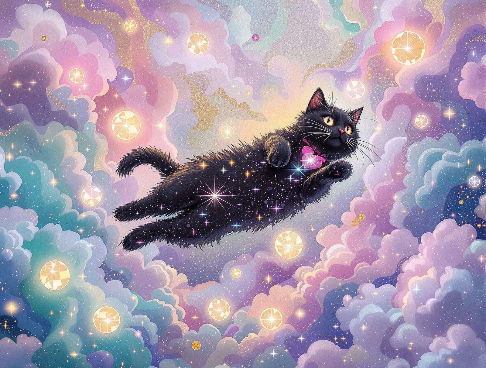 Enchanted Pastel Dreamscape with Floating Black Cat
