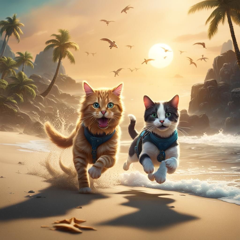 Cat and Dog Running on Beach: Fantasy Art