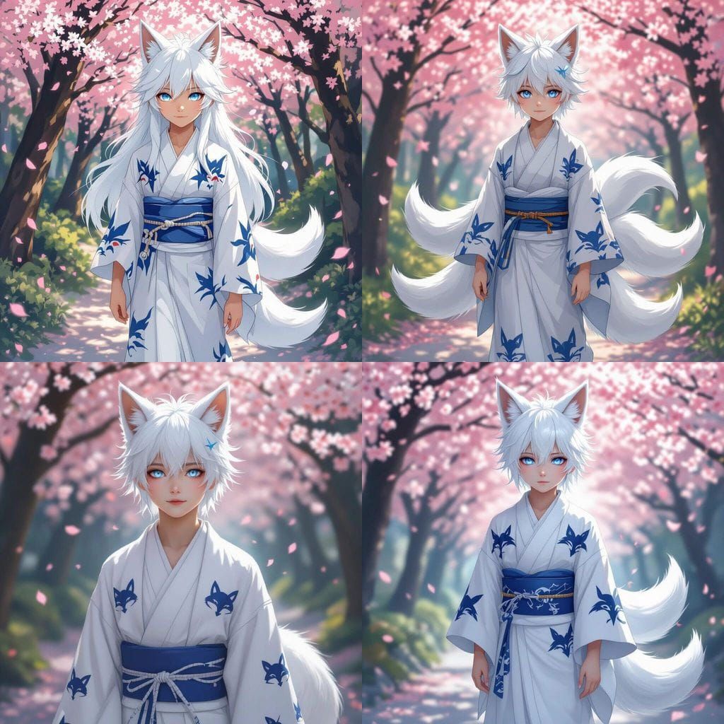 Young Kitsune Boy Walks Through Sakura Trees
