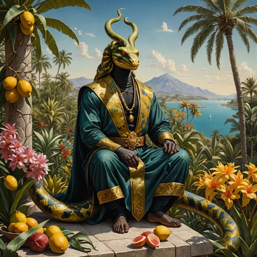 Snake-Headed Man with Intense Gaze in Tropical Garden
