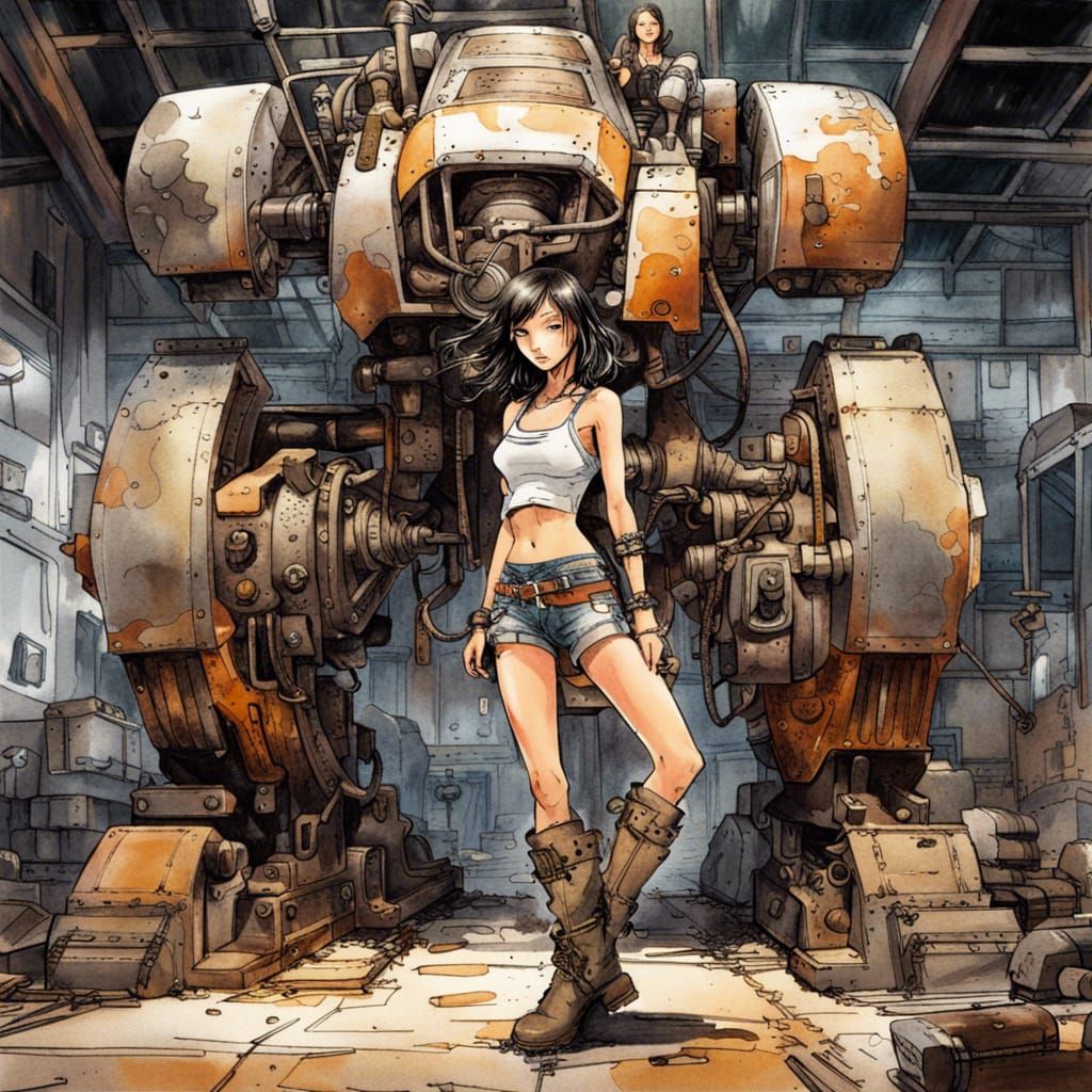 Japanese Mechanic Girl and Mech, Splash Art Style