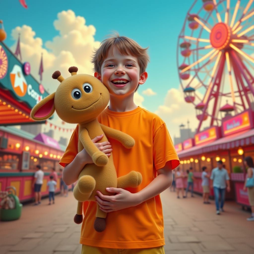 Child Wins Giraffe at Fair, Hyper-Realistic Style