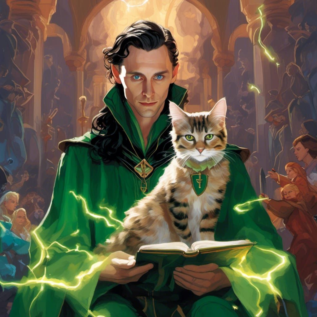 Elf Wizard with Cat, Dark Fantasy Cartoon Style