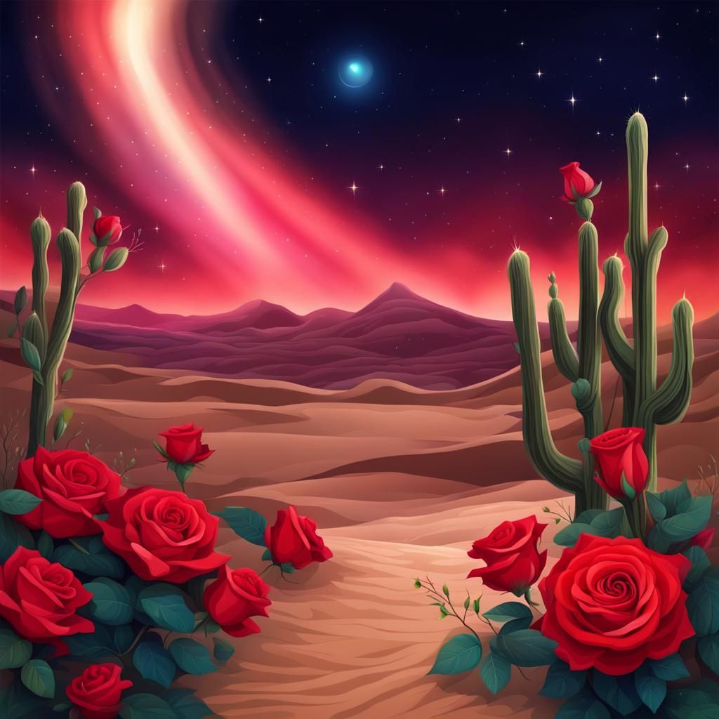 Desert Rose Garden Under Aurora Borealis
