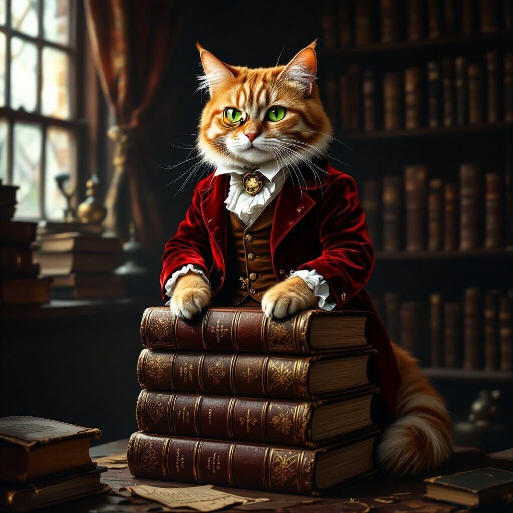Dapper Cat in Victorian Waistcoat, Dark Library