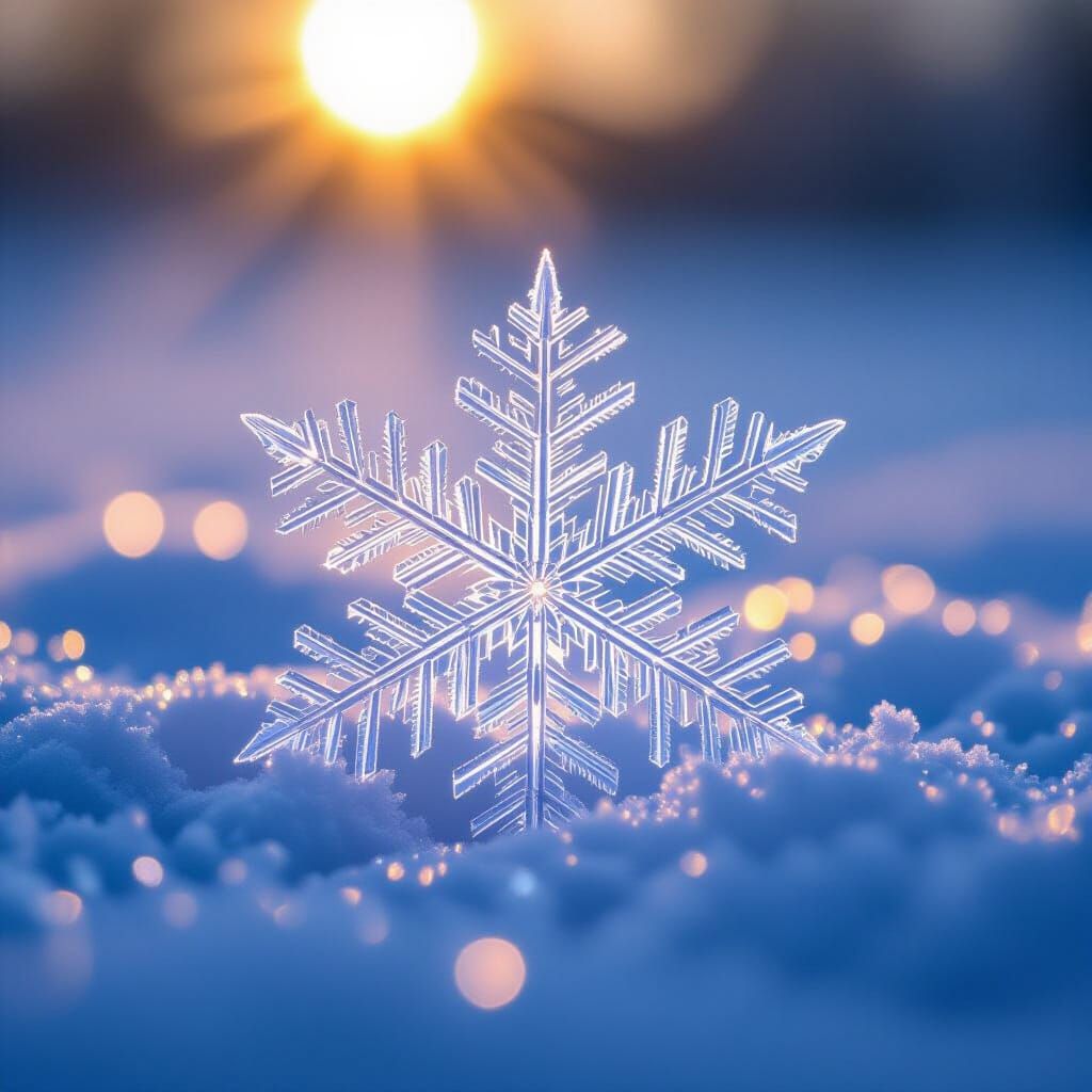 Macro Photo of a Symmetrical Snowflake on Snow