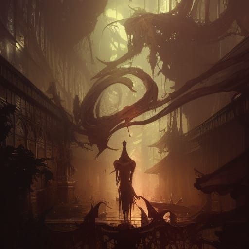 Intricate Dark Fantasy Art in Purple and Yellow