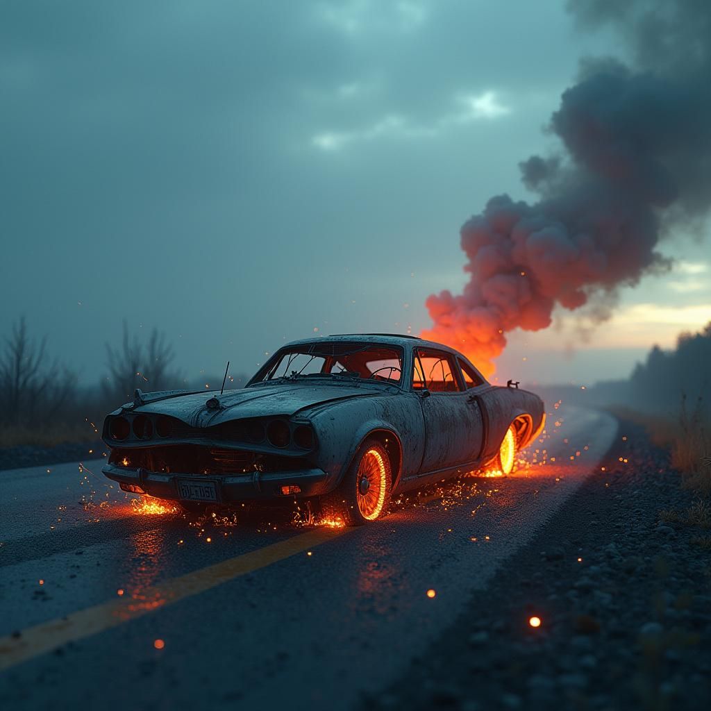 Mystical Car Wreckage on Abandoned Highway at Dusk