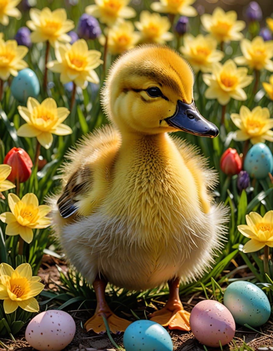 Springtime Serenity with Fluffy Easter Eggs and a Happy Duck...