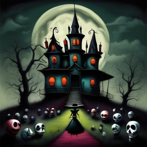 Creepy Clown Dolls Picnic Under Full Moon in Surreal Style