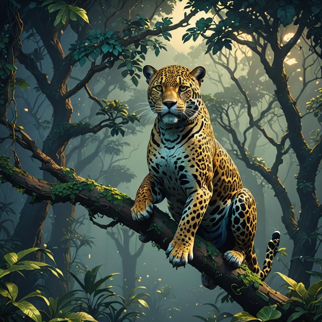 Pixel Art Jaguar Lounging on Jungle Branch