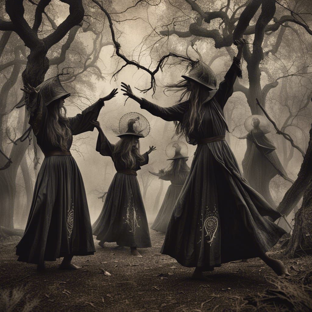 Witches Dancing: Detailed Matte Painting in Black and White