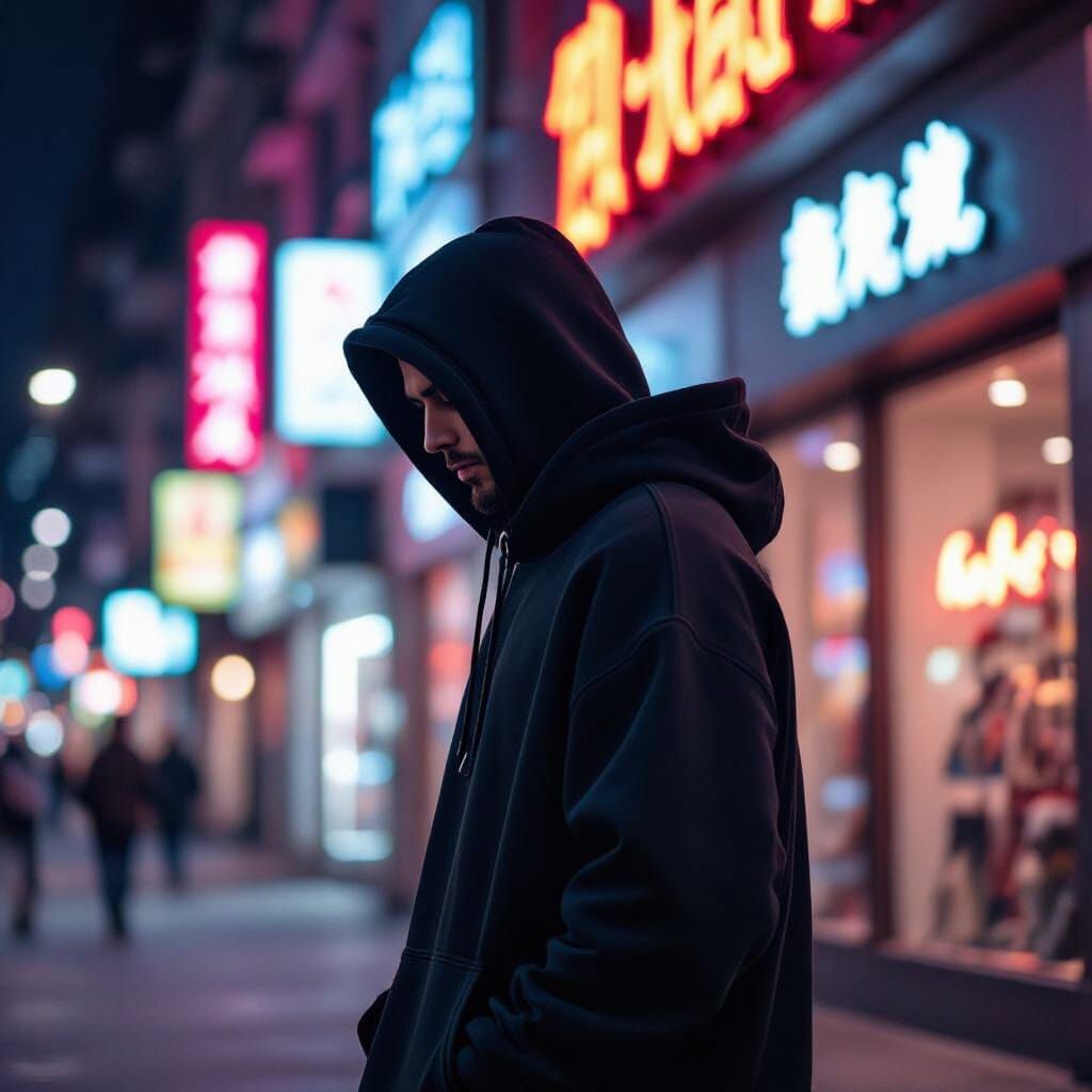 Streetwear Fashion: Man in Neon Lit Alley at Night