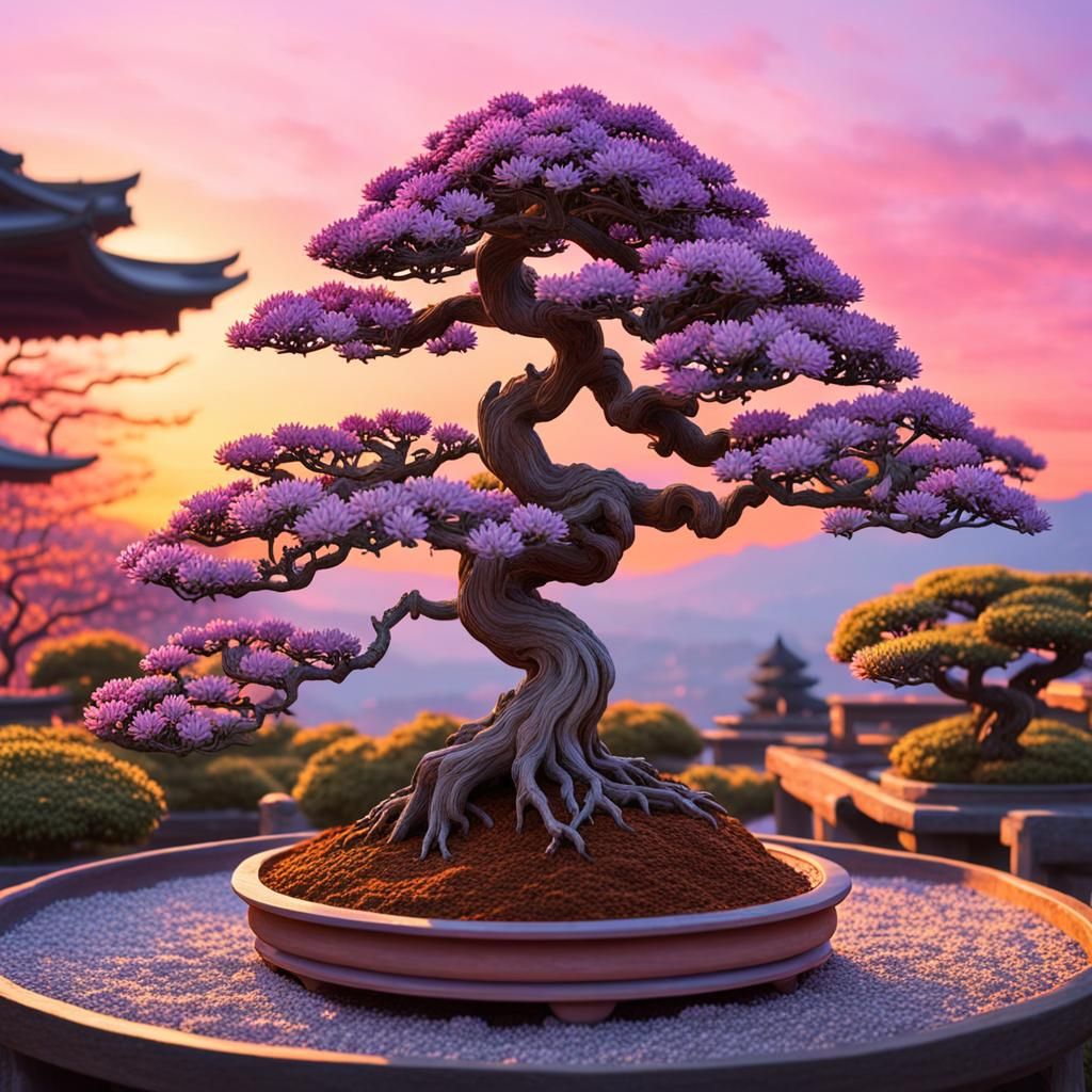Hyperrealistic Bonsai Garden at Sunset