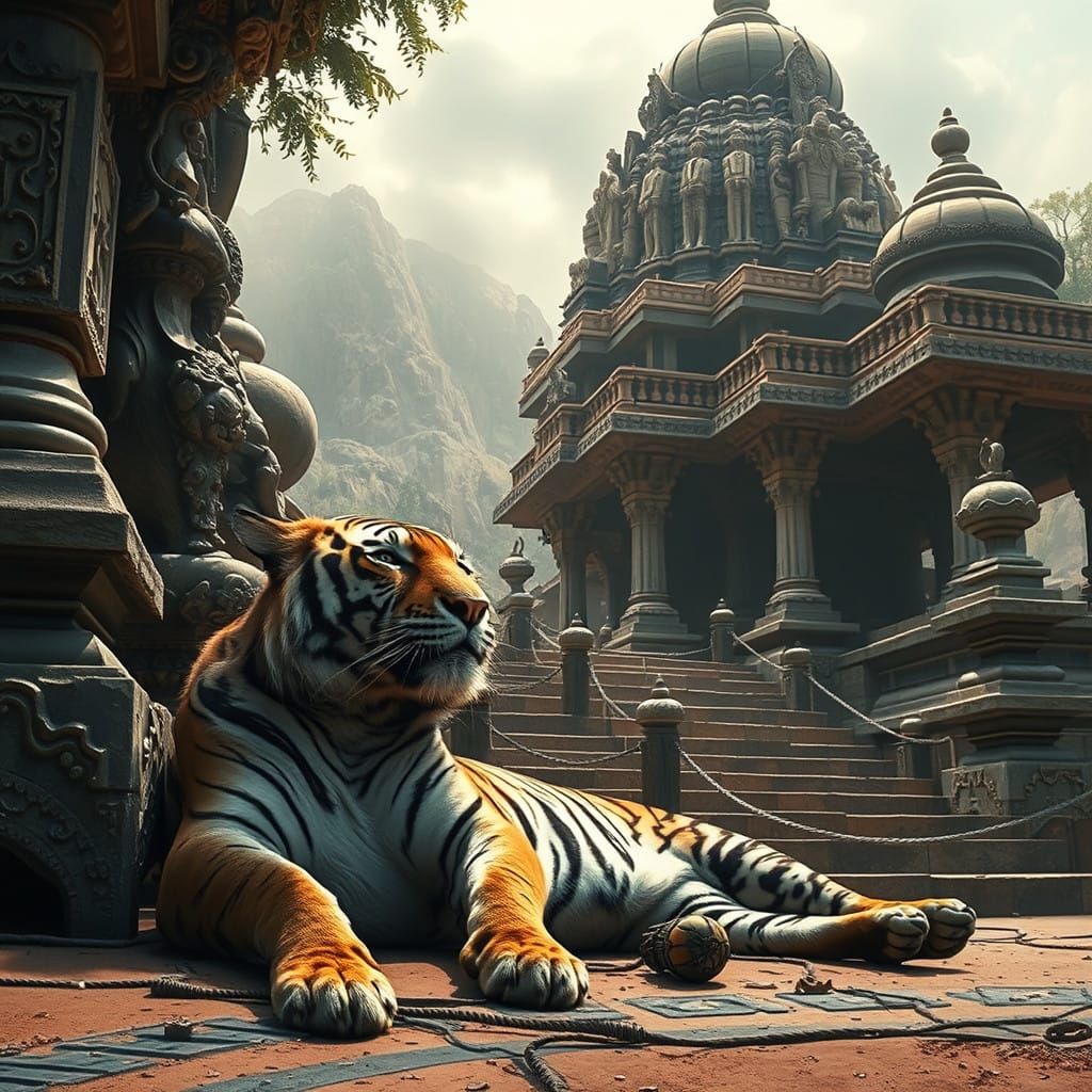 Majestic Bengal Tiger Adorns Ancient Indian Temple