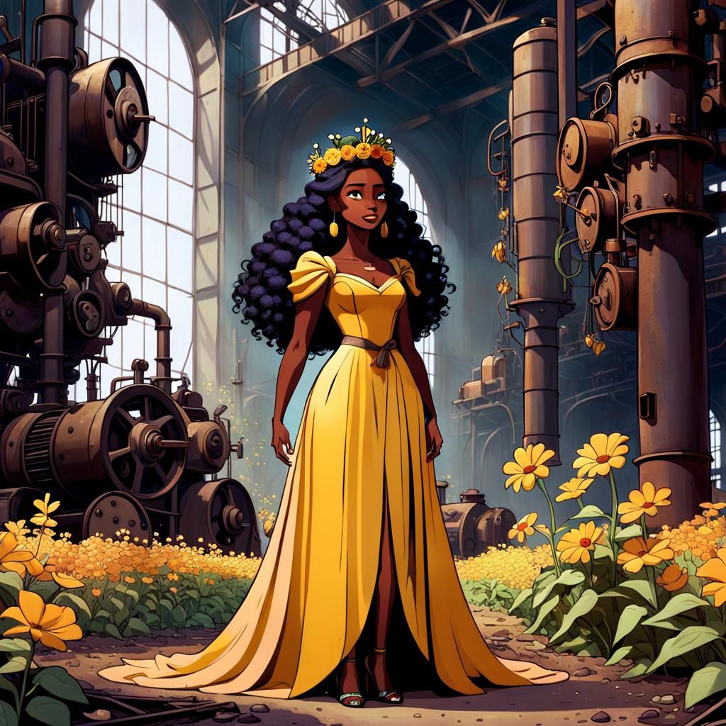 Regal Monarch Queen in Abandoned Factory, Pixar Style