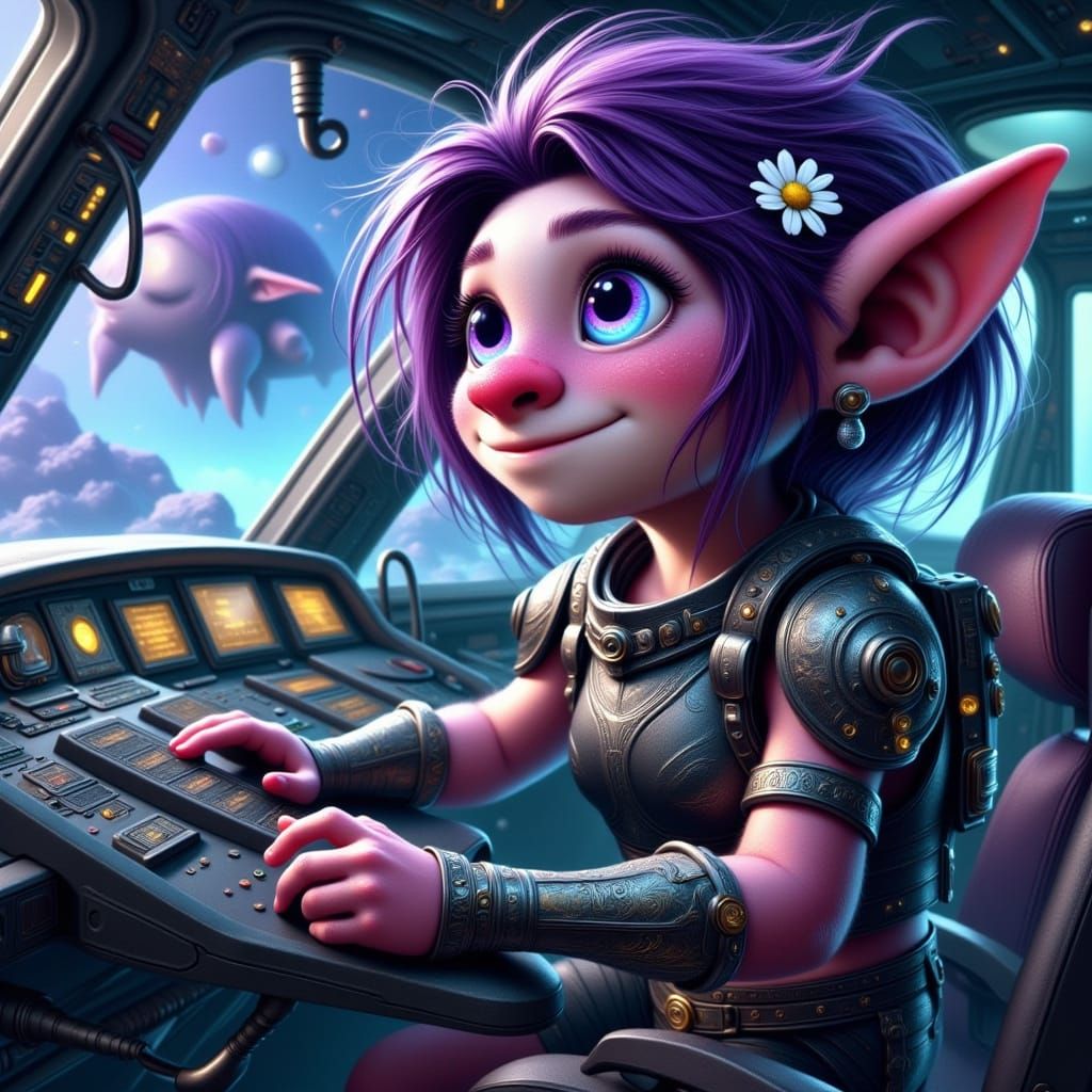 Epic Sci-Fi Fantasy Scene: Purple-Haired Troll Pilot in Futu...