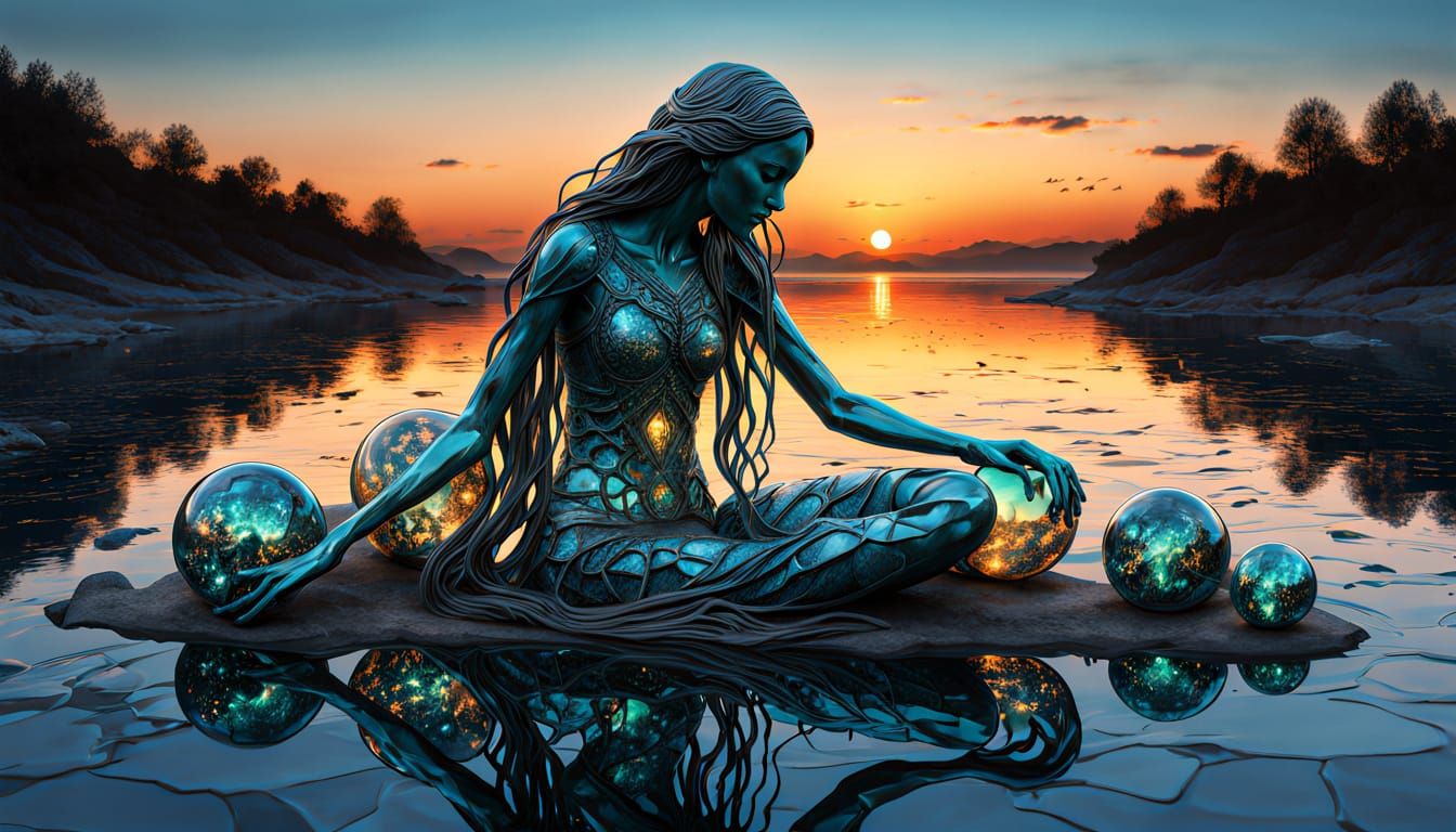 Surreal Fragmented Sculpture of Woman at Sunset