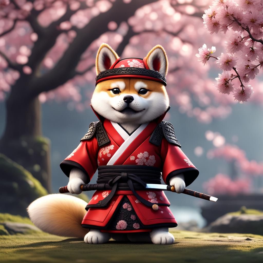 Shiba Inu Samurai in Blossom Garden: Fantasy Art
