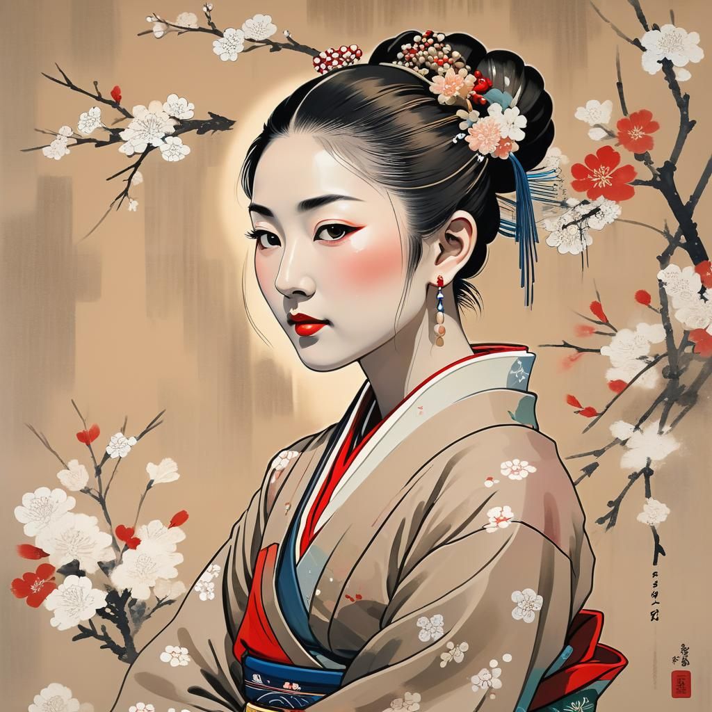 Ukiyo-e Portrait of Japanese Woman with Floral Hair