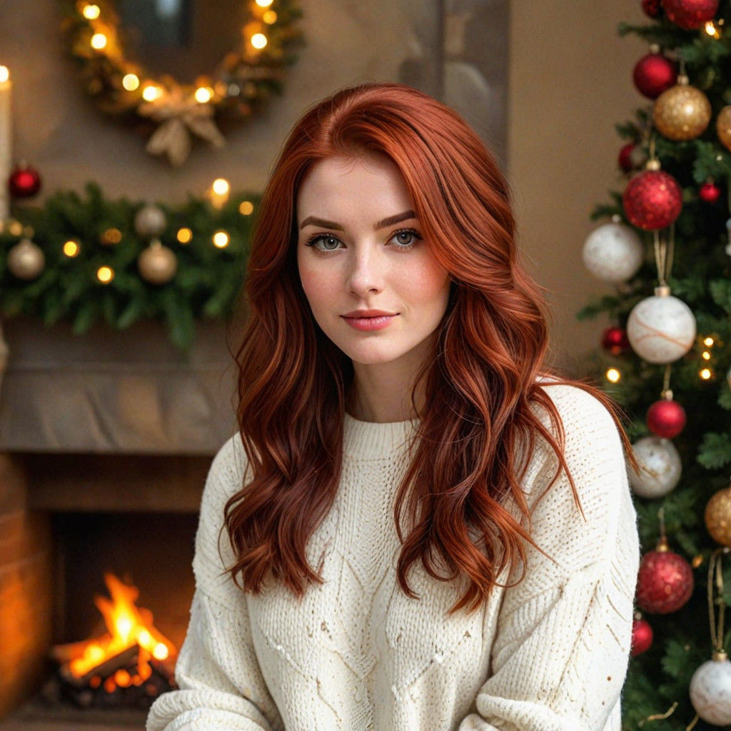 Cozy Christmas Scene with a Redhaired Woman in a Warm Living...