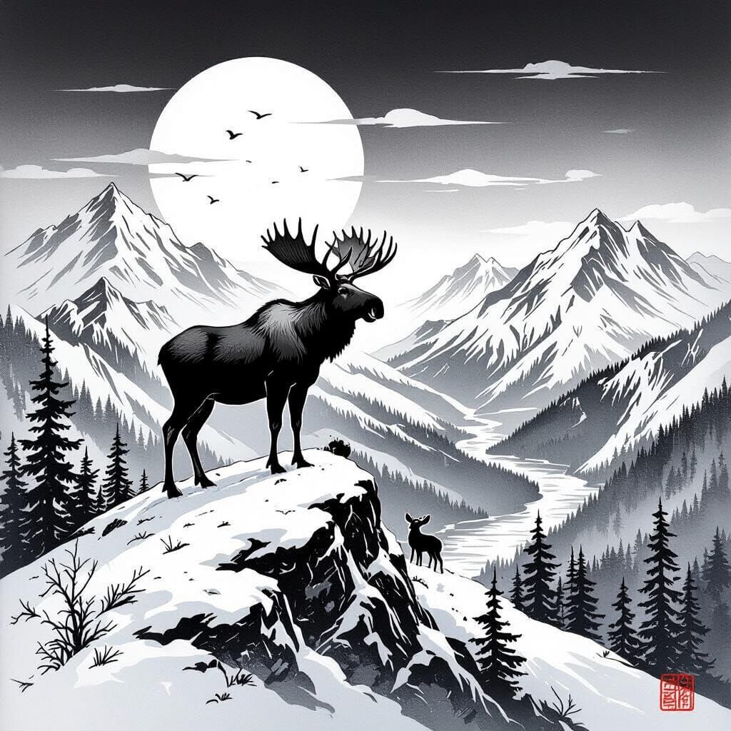 Moose on Snowy Peak: Tattoo Art Landscape