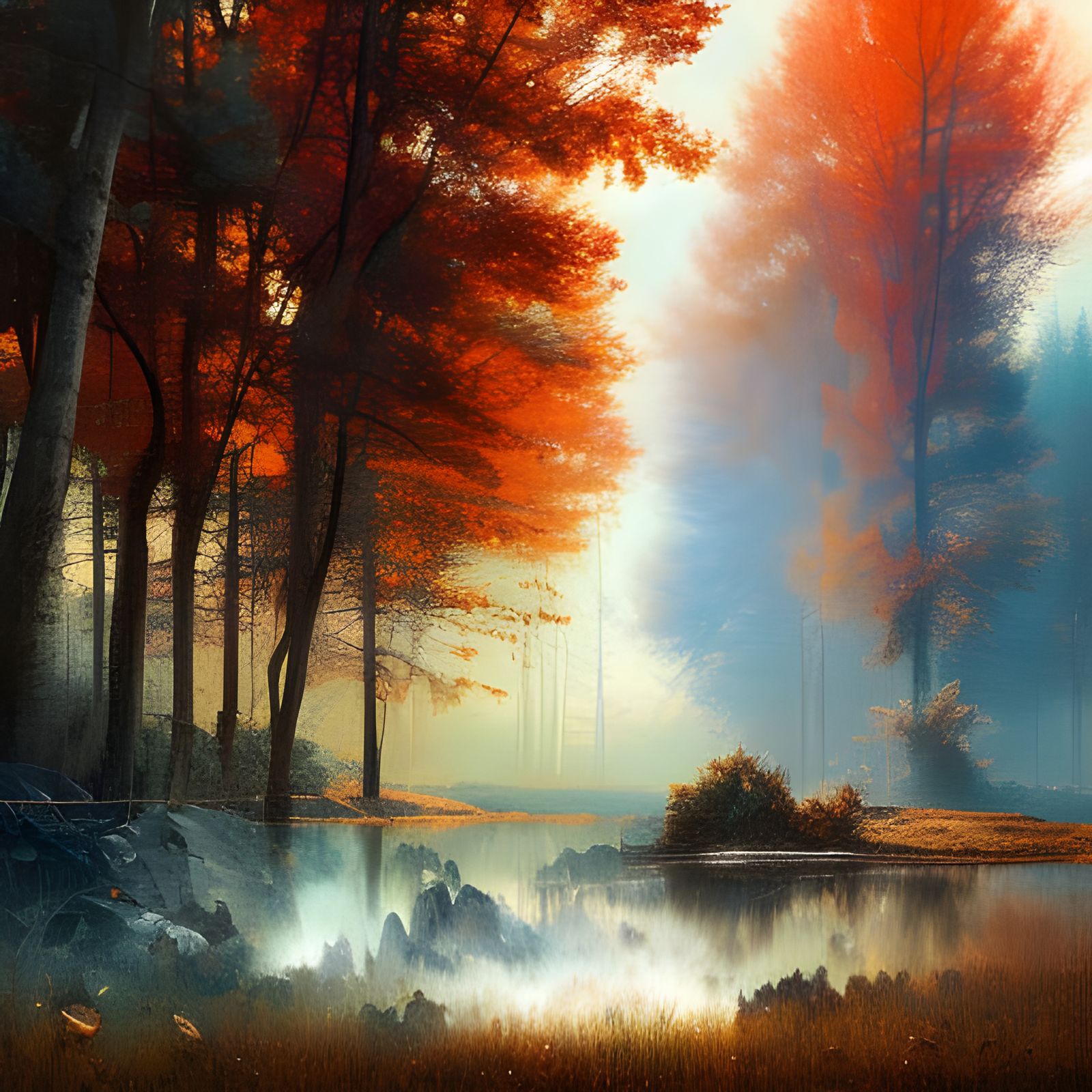 Surreal Autumn Landscape Painting in Triadic Colors