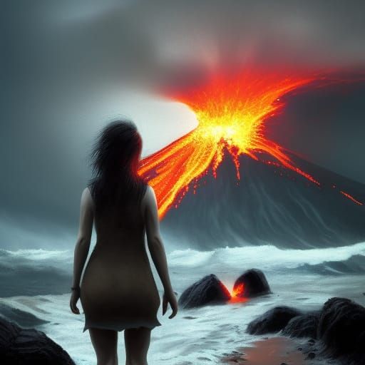 Volcano Eruption by Sea: Dark Fantasy Concept Art