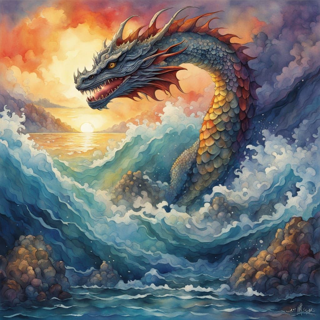 Dragon Rises from Oceanic Depths in Vibrant Watercolor