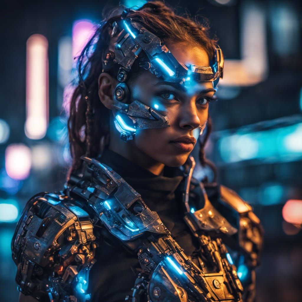 Cyborg Girl in Neon City, Hyperrealistic Portrait