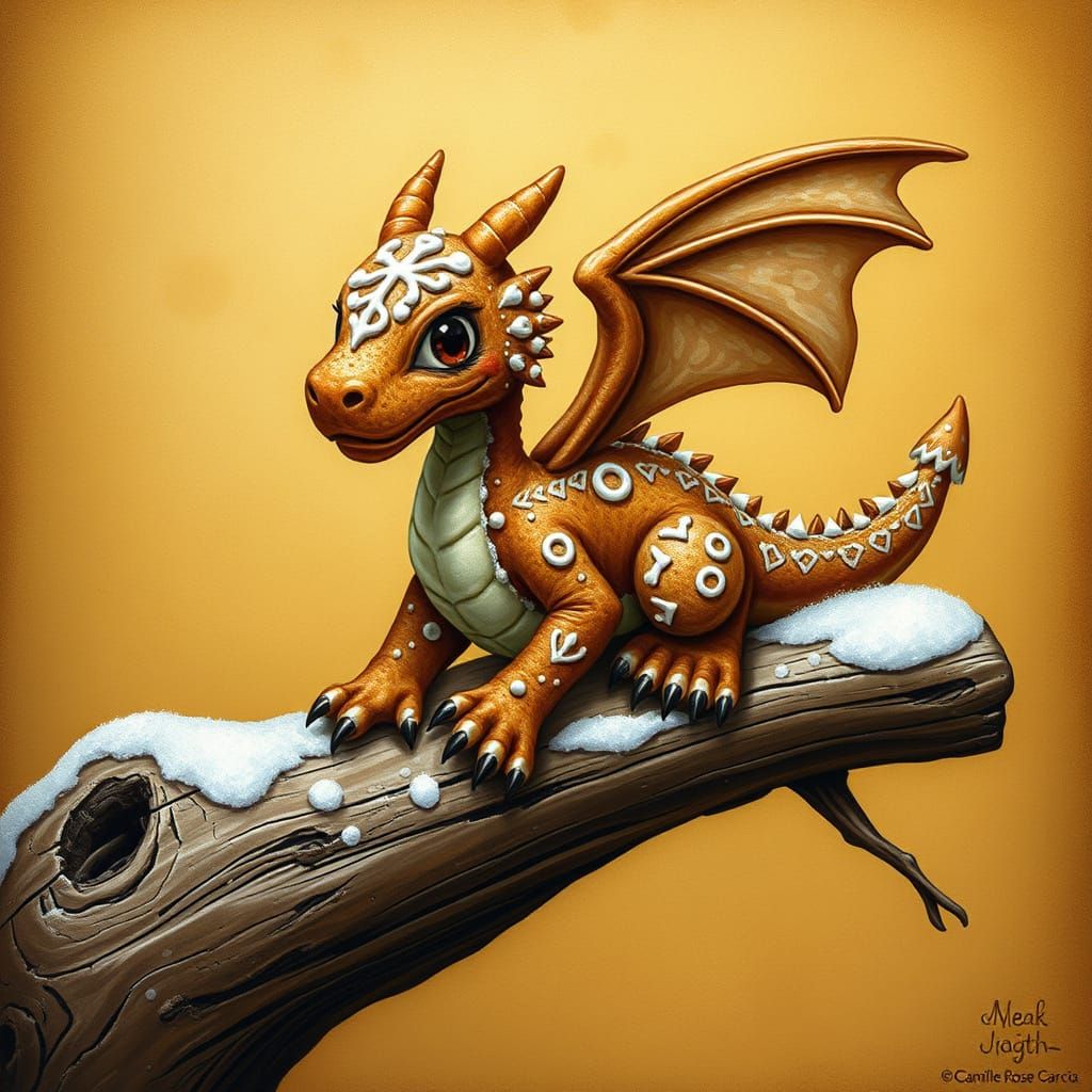 Gingerbread Dragon Perched on Rustic Wooden Branch
