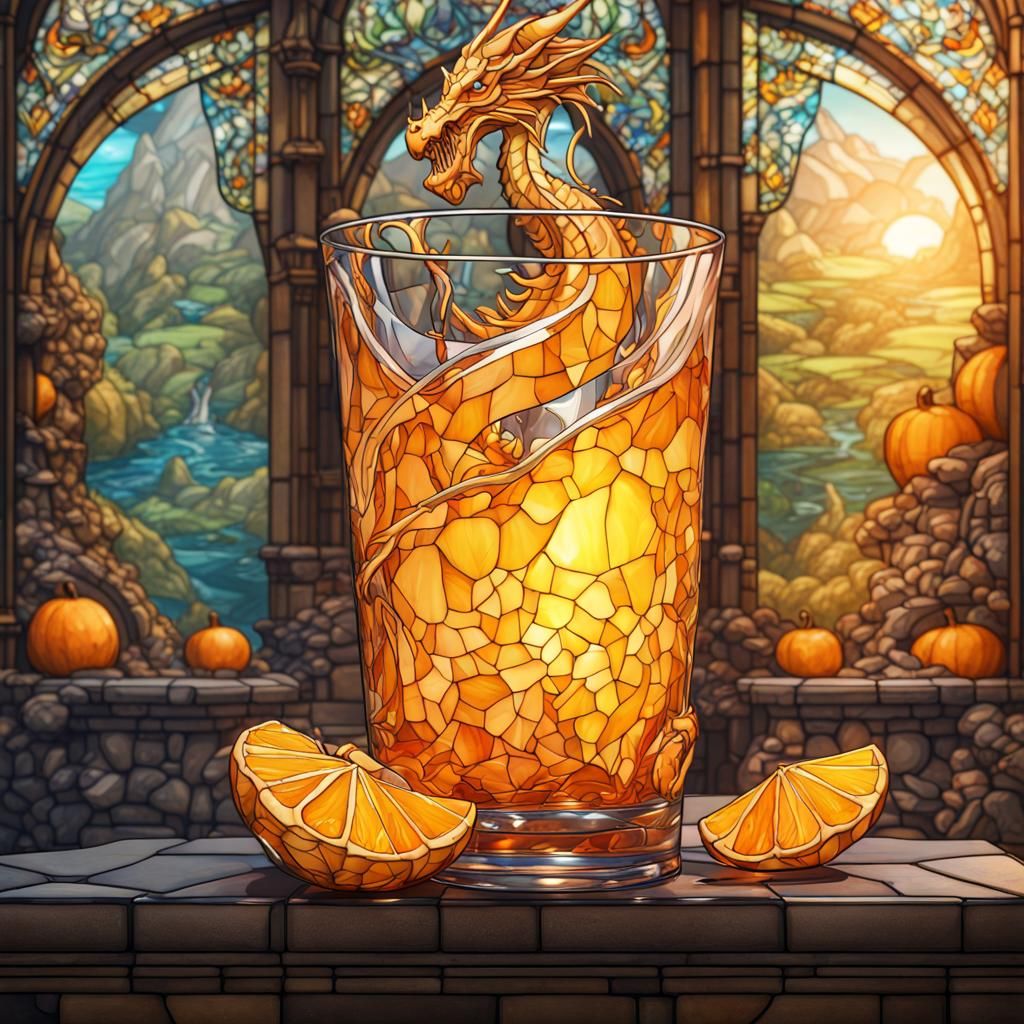Stained Glass Orange Juice Dragon in Detailed Matte Style