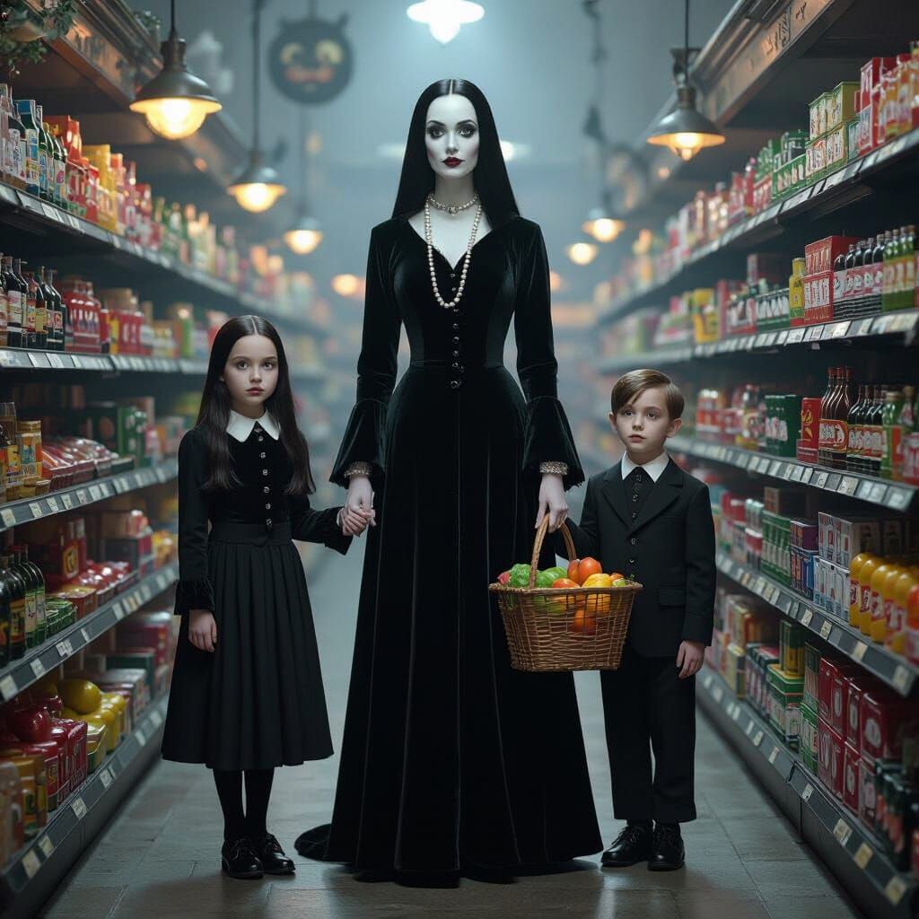 Morticia Addams Does Groceries: A Tim Burton Scene