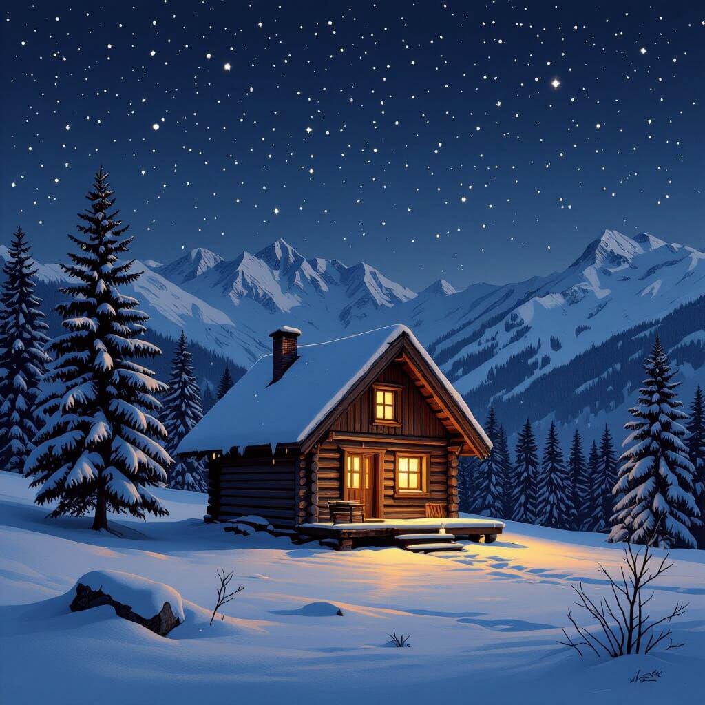 Snowy Mountain Cabin Under Starry Night Sky