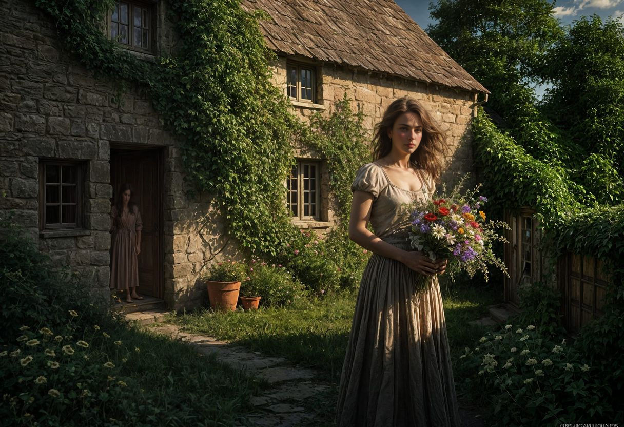 Woman with Wildflower Bouquet at Rustic Cottage