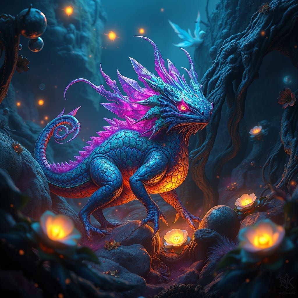Dragon Amidst Mystical Landscape in Vibrant, Iridescent Hues