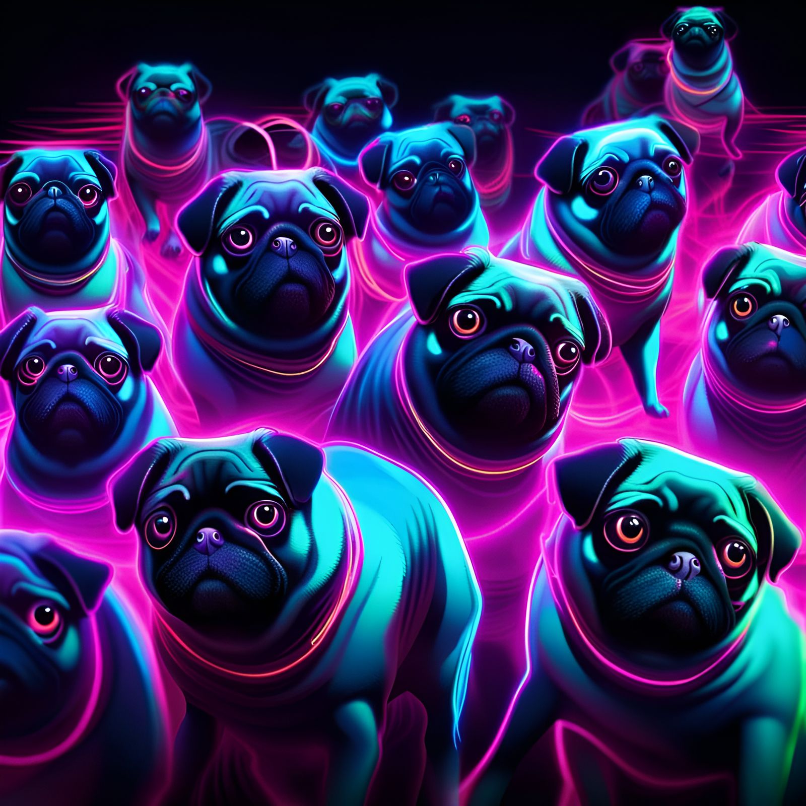Pugs Dancing at a Cosmic Disco, Neon Synthwave