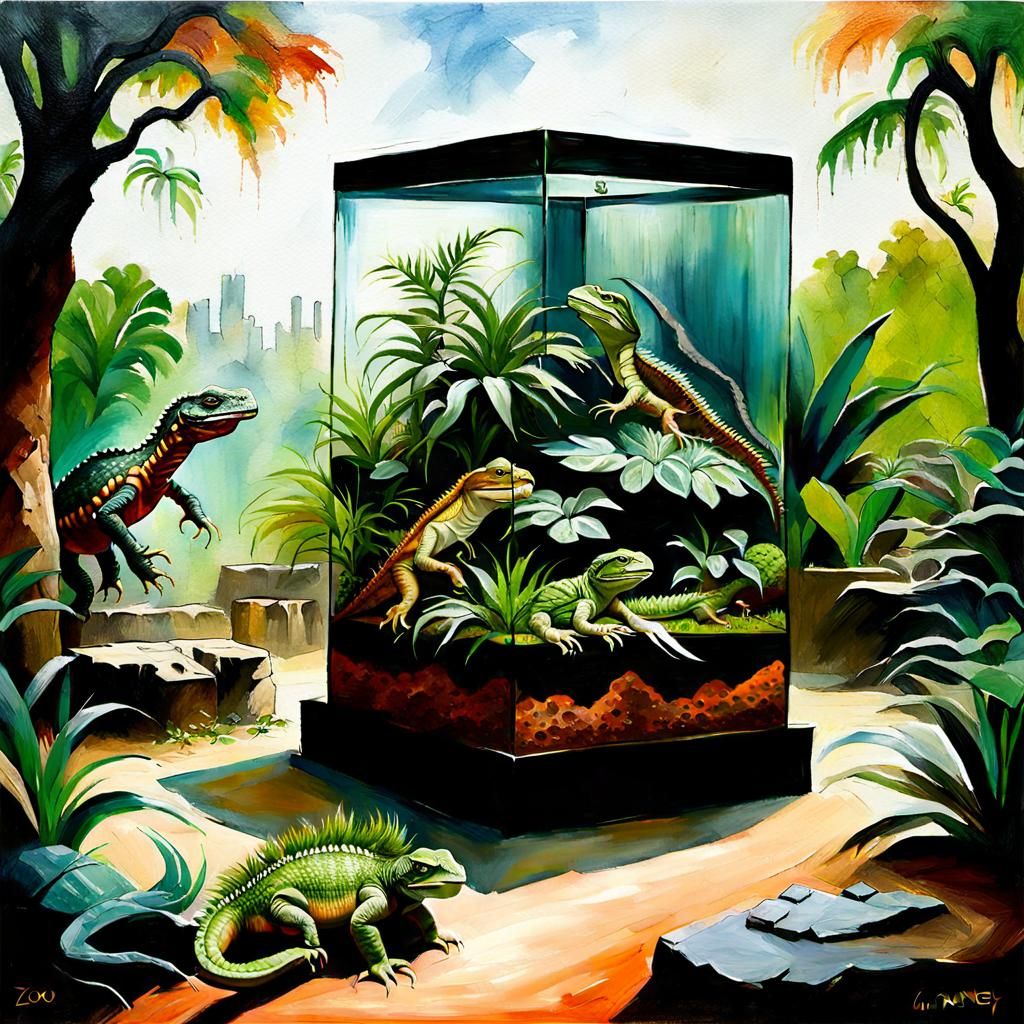 Reptile Terrarium in Zoo: Oil Painting