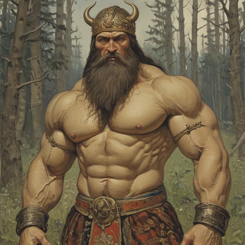 Russian Bogatyr in Lubok Print Style