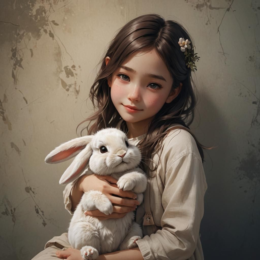 Cute Girl Hugging Bunny in 3D Anime Style