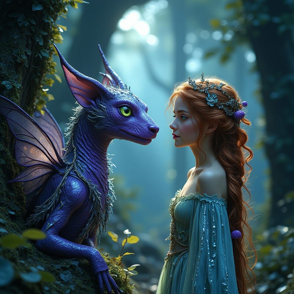 Mystical Girl Meets Whimsical Purple Dragon in Moonlit Fores...