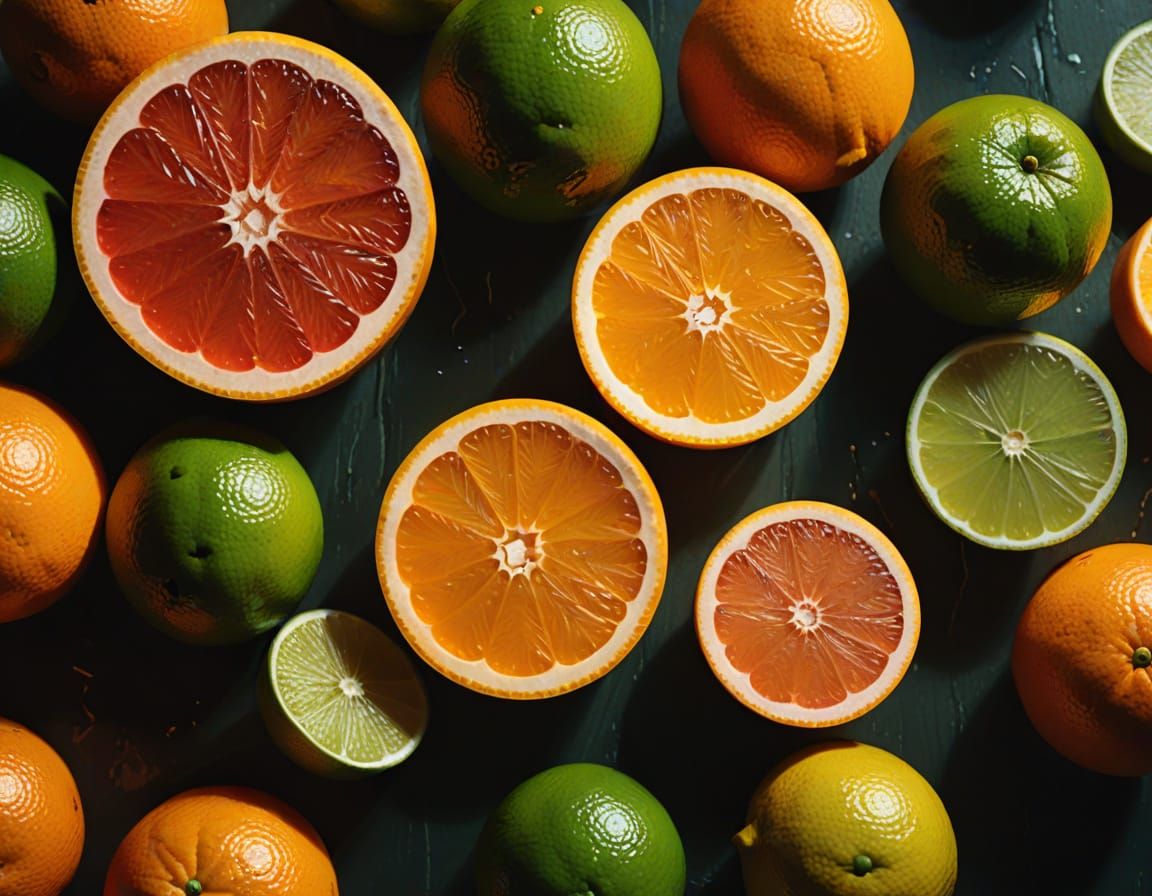 Vibrant Citrus Fruit Still Life in Film Style