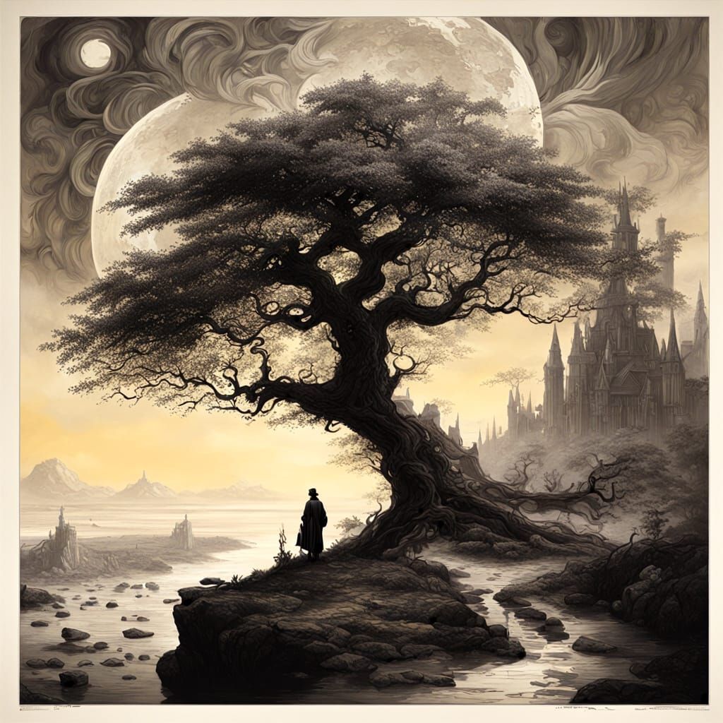 Monochrome Fantasy Dreamscape in Engraving Style