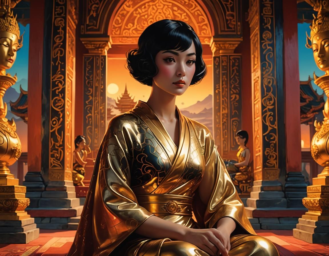 Anime Woman in Thai Temple, Surreal Digital Painting