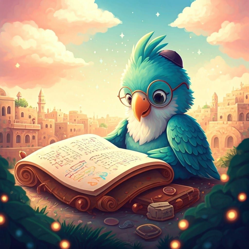 Kawaii Rabbi Parrot Studies Torah in Whimsical Jerusalem Vil...