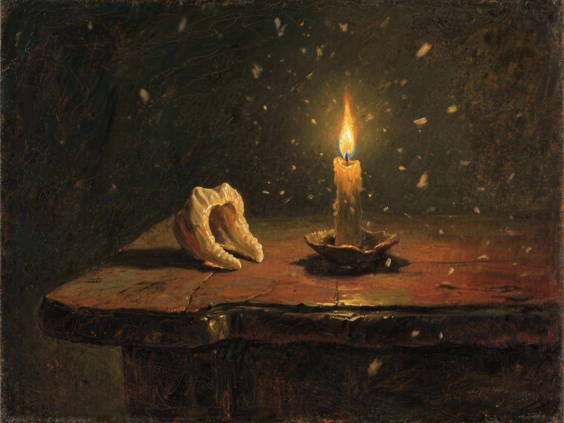 Melancholy Still Life: Tooth on Table by Candlelight