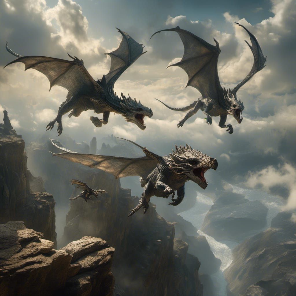 Wyverns Attack Elf and Orc on Cliff Ledge